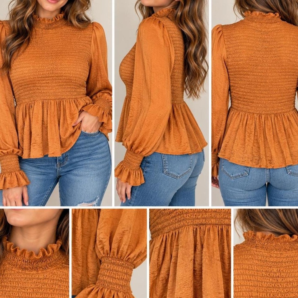 JODIFL Rust Orange Smocked Ruffle Blouse 🍂✨